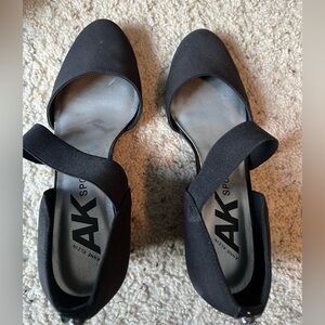 Black Anne Klein Asymmetrical Strap Wedge Heels